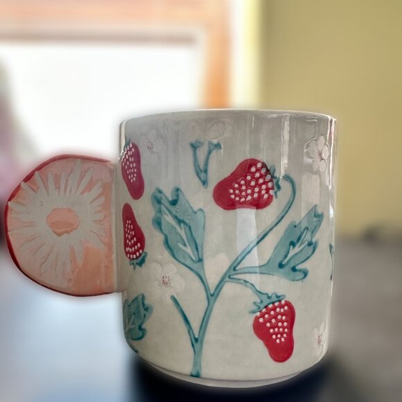 Other - Ceramic Strawberry Print Coffee Mug with Flower Handle